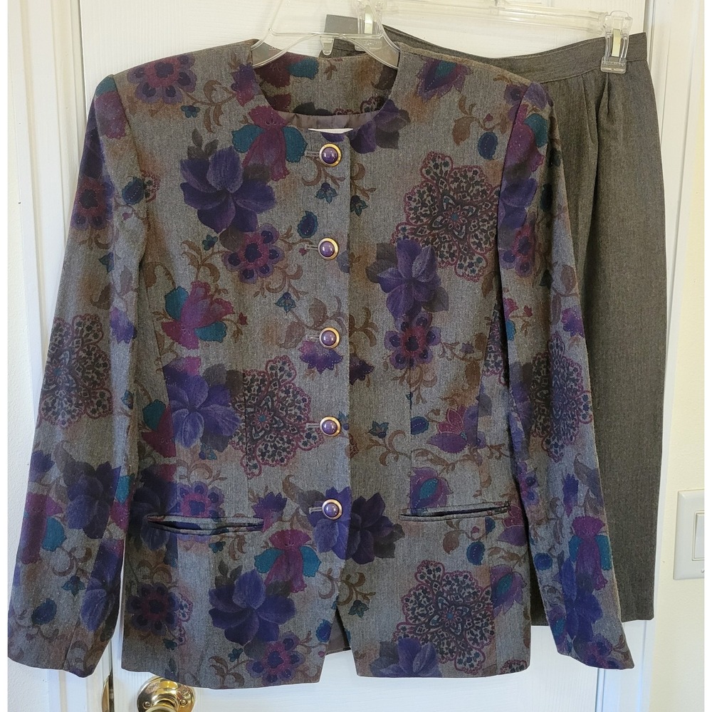 Jacqueline Ferrar Vintage Skirt Suit Floral Blazer Gray Pencil Skirt Set Size 10